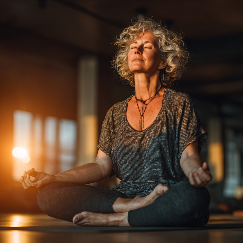 Група літніх людей займається йогою