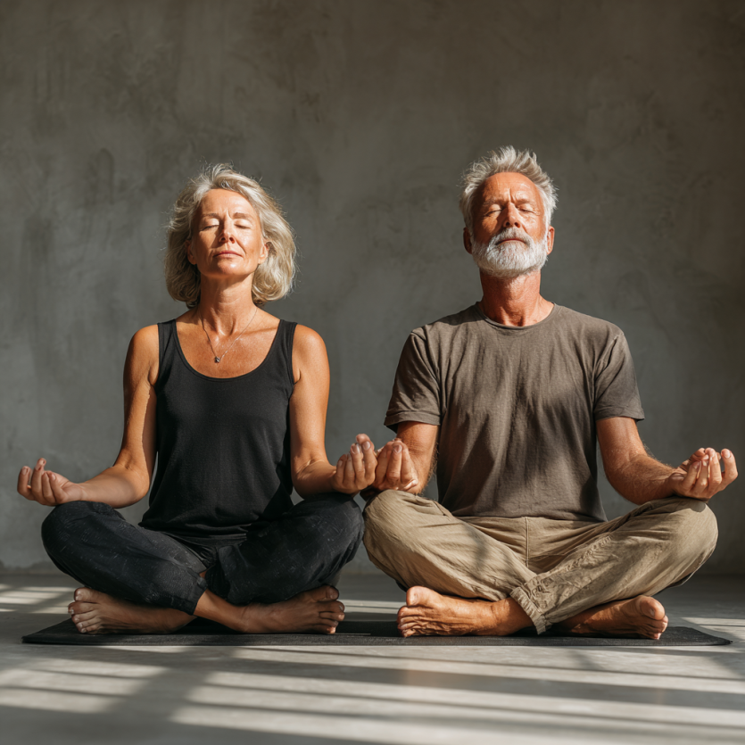 Літня жінка медитує на природі